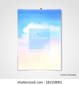 Vector template. Sheet of paper pinned to the wall. Handmade watercolor. White cloud, sun and sky. Frame for your text with silhouettes of swallows. Realistic shadows