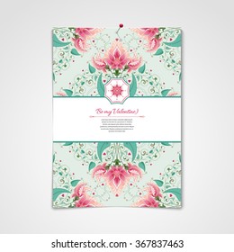 Vector template. Sheet of paper pinned to the wall. Fantasy floral pattern. All design elements consist of hearts. Wedding or Valentine's Day. Place for your text.