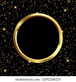 Vector template of shining gold circle, golden ring, frame round with glitter for Christmas celebration party, New Year card, wedding, bachelorette party, baby shower party, logo, casino.