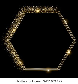 Vector template of shining gold frame, background with glitter for Christmas celebration party, New Year card, wedding, bachelorette party, baby shower party, logo, casino, birthday.