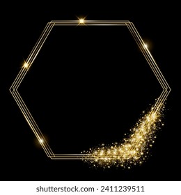 Vector template of shining gold frame, background with glitter for Christmas celebration party, New Year card, wedding, bachelorette party, baby shower party, logo, casino, birthday.