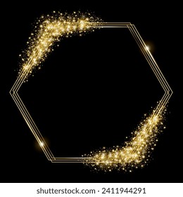 Vector template of shining gold frame, background with glitter for Christmas celebration party, New Year card, wedding, bachelorette party, baby shower party, logo, casino, birthday.