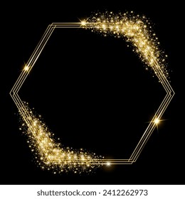 Vector template of shining gold frame, background with glitter for Christmas celebration party, New Year card, wedding, bachelorette party, baby shower party, logo, casino, birthday.