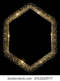 Vector template of shining gold frame, background with glitter for Christmas celebration party, New Year card, wedding, bachelorette party, baby shower party, logo, casino, birthday.