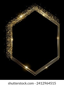 Vector template of shining gold frame, background with glitter for Christmas celebration party, New Year card, wedding, bachelorette party, baby shower party, logo, casino, birthday.