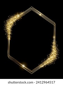 Vector template of shining gold frame, background with glitter for Christmas celebration party, New Year card, wedding, bachelorette party, baby shower party, logo, casino, birthday.