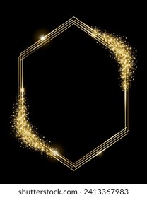 Vector template of shining gold frame, background with glitter for Christmas celebration party, New Year card, wedding, bachelorette party, baby shower party, logo, casino, birthday.