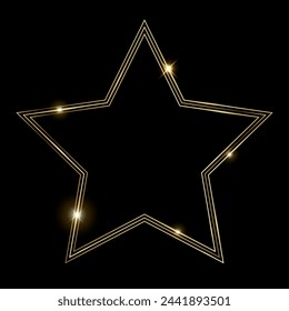 Vector template of shining gold star frame, background with glitter for Christmas celebration party, New Year card, wedding, bachelorette party, baby shower party, logo, casino, birthday.