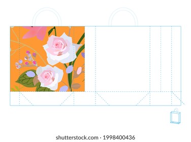 Vector template for shopping bag with bouquet of flowers. 