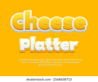 Vector template sign Cheese Platter with stylish Font. Yellow and White Alphabet Letters and Numbers set