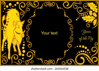 vector template with sign chinese horoscope in black and gold colors - pig
