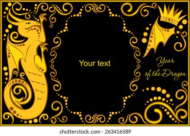 vector template with sign chinese horoscope in black and gold colors - dragon