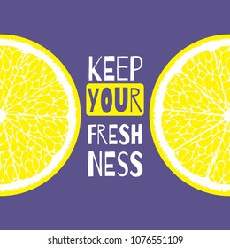 Vector Template with Slice of Lemon. Citrus Fruit Icon. Stylized Flesh of Lemon in Hipster Style. Delicious Citrus Fruit for Illustration, Advertizing, Card.