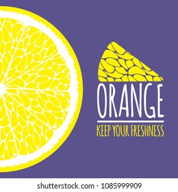 Vector Template with Slice of Lemon. Citrus Fruit Icon. Stylized Flesh of Lemon in Hipster Style. Delicious Citrus Fruit for Illustration, Advertizing, Card.