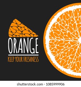 Vector Template with Slice of Orange or Mandarin. Citrus Fruit Icon. Stylized Flesh of Orange in Hipster Style. Delicious Citrus Fruit (Grapefruit, Mandarin) for Illustration, Advertizing, Card.