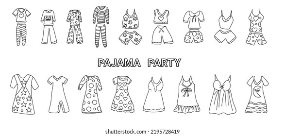 Vector template Slumber party for kids. Set of funny pajamas and nightgowns. Pajama party invitation. Vector illustration of hand-drawn elements in a linear doodle style. horizontal composition