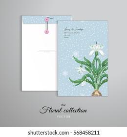 Vector template. Snowdrop flowers. Snowfall on backdrop. Vertical big envelope with buttons