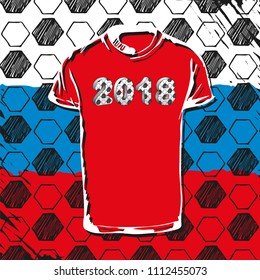 Vector template. Soccer cup 2018. Football hand drawn pattern set with t-shirt and flag of Russia