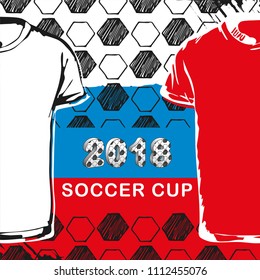 Vector template. Soccer cup 2018. Football hand drawn pattern set with t-shirt and flag of Russia