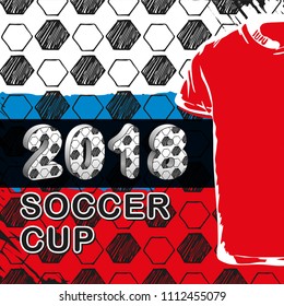 Vector template. Soccer cup 2018. Football hand drawn pattern set with t-shirt and flag of Russia