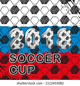 Vector template. Soccer cup 2018. Football hand drawn pattern set with t-shirt and flag of Russia