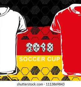 Vector template. Soccer cup 2018. Football hand drawn pattern set with t-shirt and flag of Germany