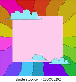 vector template for social media. 70s hippie rainbow text frame. Vintage children's postcard. Psychedelic fantasy pattern different colors