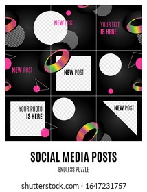 Vector template for social media . Geometical shapes circle, triangles and rings of memphis style. Endless puzzles for posts. Dark trendy illustration