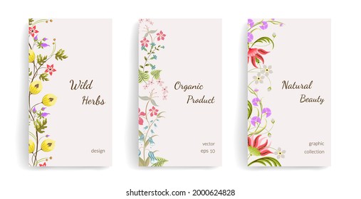 Vector template for social media posts, stories, banners, mobile apps, web and internet ads. Background with wildflowers and leaves. Spring ornament concept for greeting card, cover or invitation