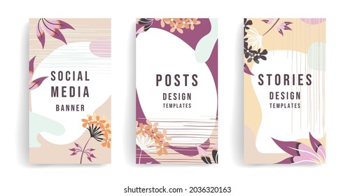 Vector template for social media posts, stories, banners, mobile apps, web and internet ads. Design from, abstract shapes, lines of flowers and leaves. Fashionable design concept, stylish color