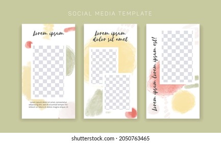 Vector template for social media and web design, with hand drawn watercolor blobs. 3 stories set, vertical posts