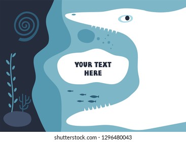 Vector template with space for text. Silhouette of a monster head with open mouth on deep sea background.