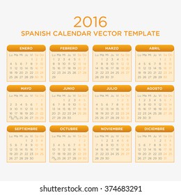 Vector Template of Spanish Calendar 2016 year