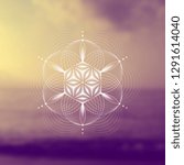 Vector template; Spiritual sacred geometry; Abstract geometric shape based on ancient symbol - "flower of life" on psychedelic natural photographic background; Yoga, meditation and relax.