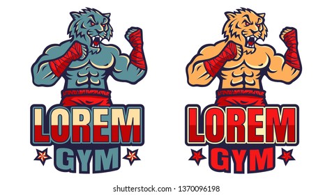 Vector template sport logo for fighting club with angry muscular tiger. Vector set sport logos with tiger