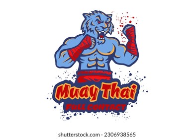 Logo deportivo de plantilla de vectores para el club de lucha con tigre muscular enojado. Logo deportivo vector con tigre para club Muay Thai.