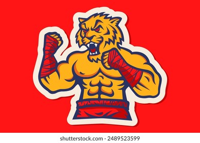 Vektorgrafik Vorlage Sportlogo für Kampfverein mit wütendem muskulösem Tiger. Vektorgrafik-Sport-Logo mit Tiger für Muay Thai Club.