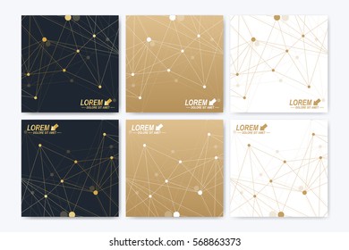 Vector template for square brochure, Leaflet, flyer, cover, booklet, magazine or annual report. Geometric background molecule and communication. Golden cybernetic dots. Lines plexus. Card surface