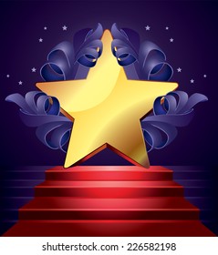 Vector template of stage with red carpet stair and gold 3d star.