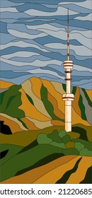 Vector template for stained glass window TV tower Kok tobe. Kazakhstan, Almaty, mountains.
