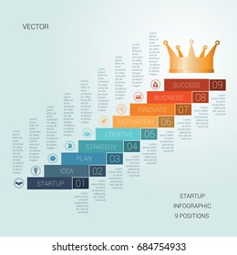 Vector template startup success  for nine positions, Conceptual infographics steps up stairs and crown,  possible to use for workflow, banner, diagram, web design, timeline, area chart, number options