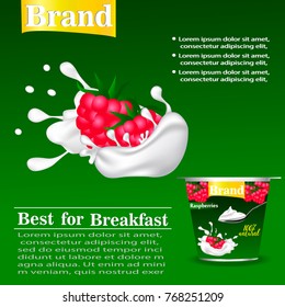 Vector template stickers for packing yogurt with raspberries on a blue sky background, green lawns. Milk splash. Element for design, advertising, promotion of dairy products.