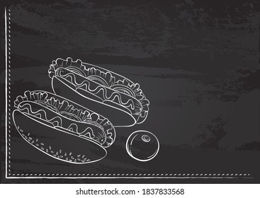 Vector template with still life with Hot Dogs and tomato stylized as chalk drawing on chalkboard. Design for a restaurant, cafe or bar. Fast food menu