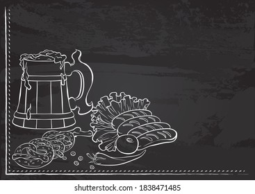 Vector template with still life with a wooden mug of beer and sausages stylized as chalk drawing on chalkboard.Design for a restaurant, cafe or bar. Elements of the Oktoberfest beer festival.