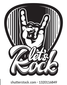 Vector template with stylish design of guitar plectrum with hand and Calligraphic inscription Lets Rock.