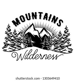Vector template with stylized inscription, mountains and forest. Editable for design.