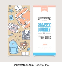 Vector template with suitcase, backpack,notebook, glasses, sneakers, player, camera, passport, clothes and sea shells. Perfect illustration for invitation or promotional events. Travel modern concept.