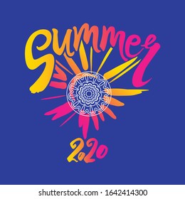 Vector template Summer 2020. Bright rays of the sun, an inscription by hand and a circle of ethnic ornament. Stylish seasonal logo Summer.

