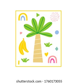Vector template with summer elements. Abstract set: summer with decorative abstract elements, fruits, rainbows and symbols of summer. Postcard, invitation and t-shirt design. Hand-drawn illustration.