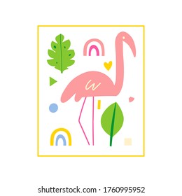 Vector template with summer elements: fruits, rainbows and symbols of summer. Postcard, invitation and t-shirt design. Hand-drawn illustration.